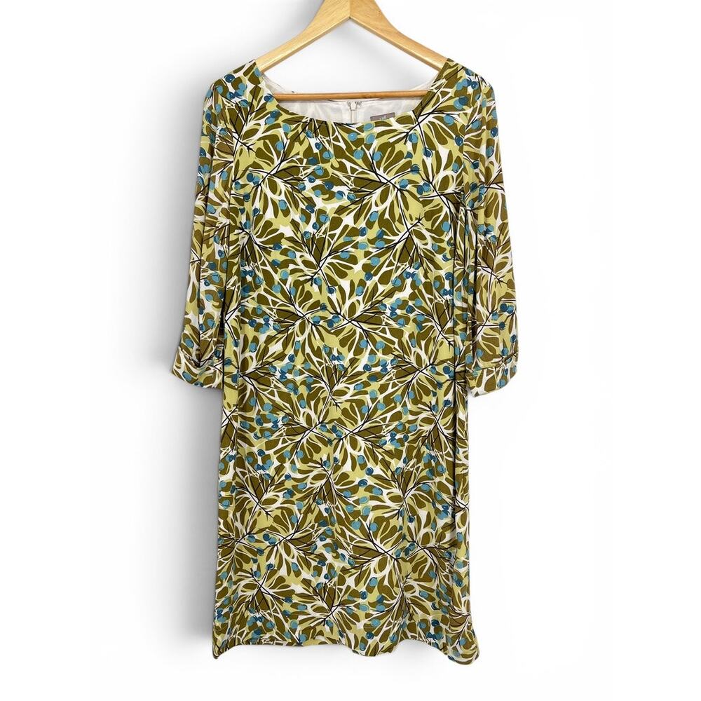 J. Jill Floral Print Shift Dress Women's 12 Yellow Green Leaf Print 3/4 Sleeve